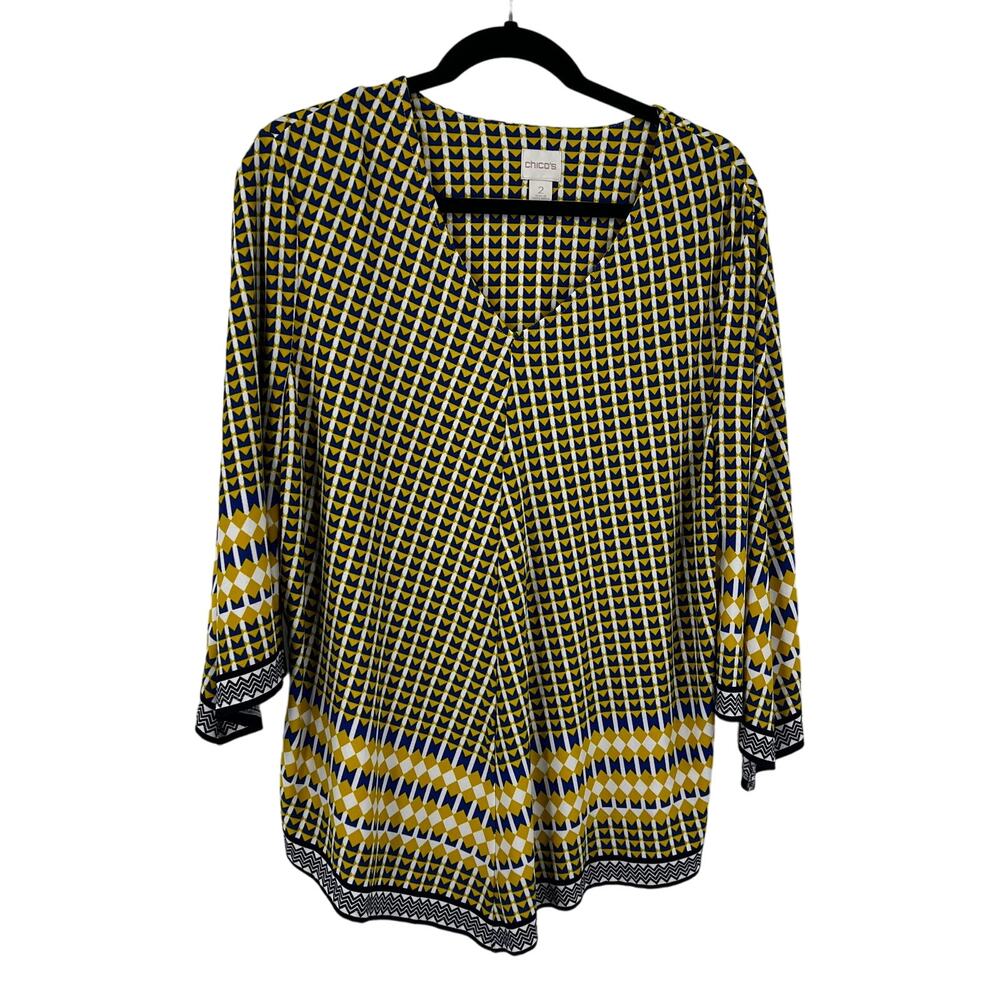Chico's Yellow Blue Geometric Pattern Quarter Sleeve V Neckline Women's 2 Medium